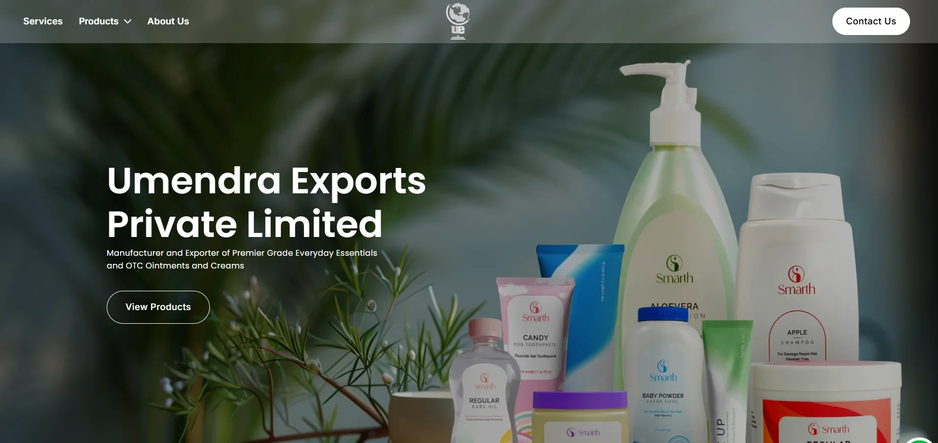 Products from Umendra Exports including lotions, shampoos, and creams with natural plant decor in the background.